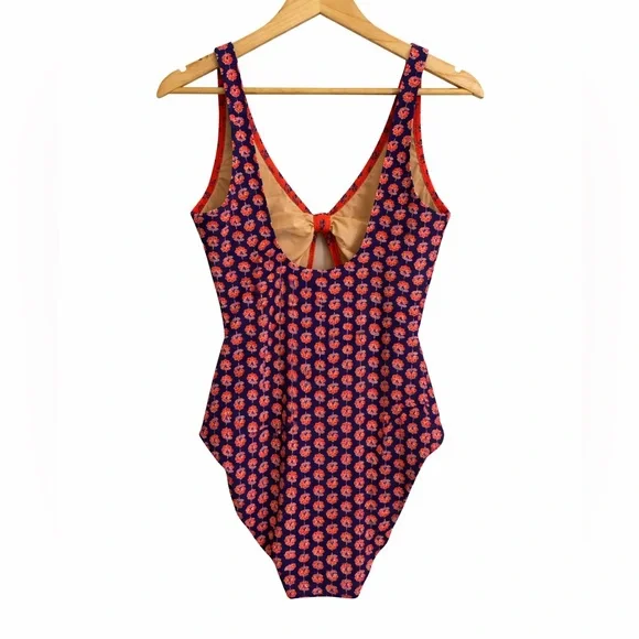 J.Crew Women’s One Piece Swimsuit Red Navy Floral Tie Front Medium M Beach - Picture 2 of 6
